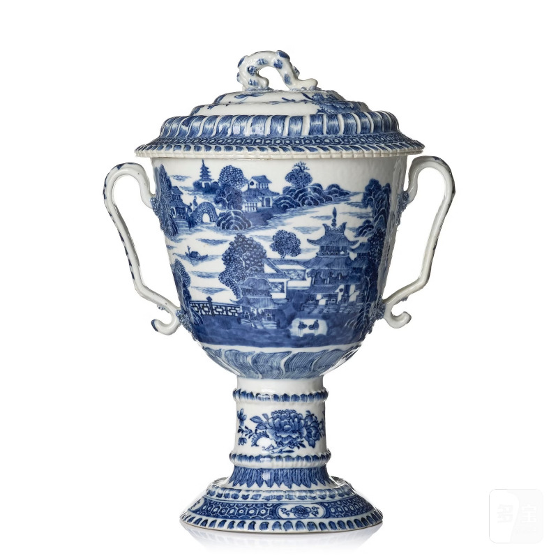 A large blue and white 'landscape' goblet with cover,